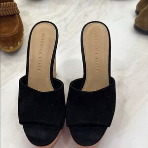 Veronica Beard Black Mules with Textured Fabric and Open Toe